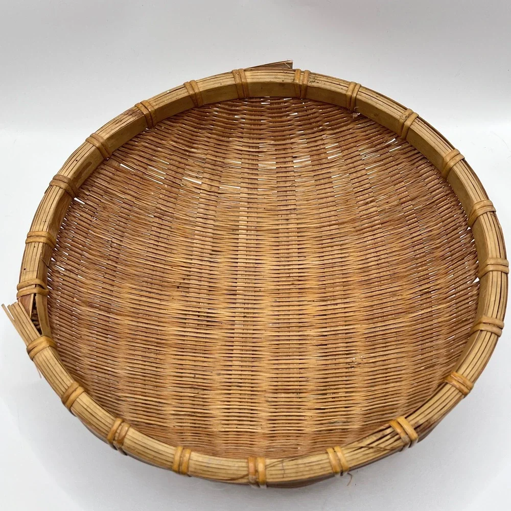 Vintage Woven Winnowing Basket Round Shallow Boho Wall Decor 12.5in